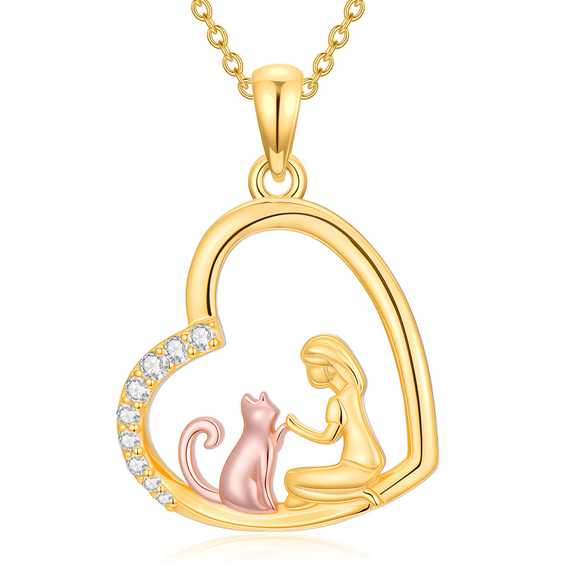 Collar con colgante de gato y corazón en oro de 14 quilates y oro rosa con circonitas cúbicas-1