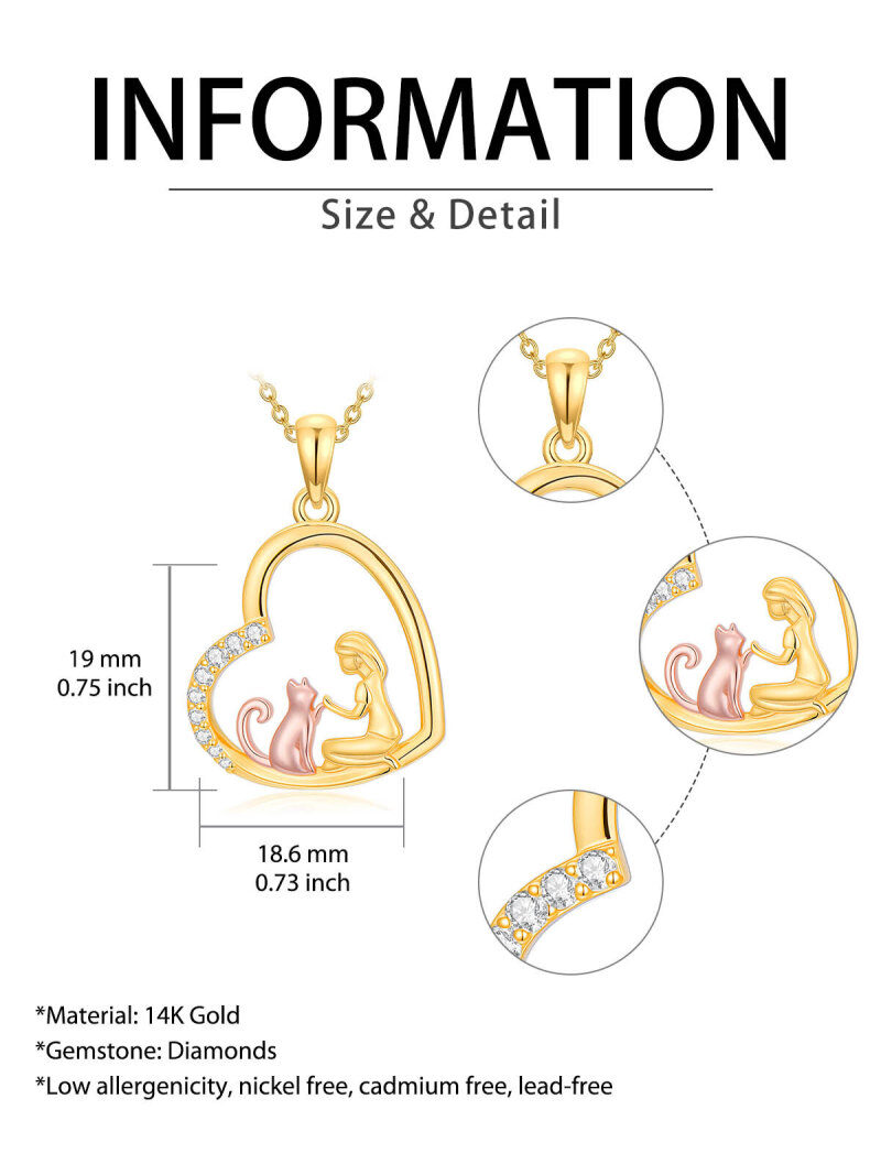 Collar con colgante de gato y corazón en oro de 14 quilates y oro rosa con circonitas cúbicas-5