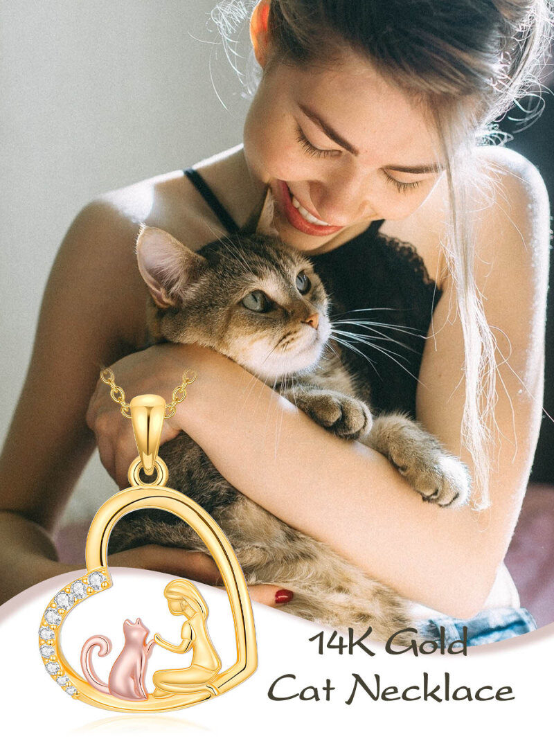 Collar con colgante de gato y corazón en oro de 14 quilates y oro rosa con circonitas cúbicas-6