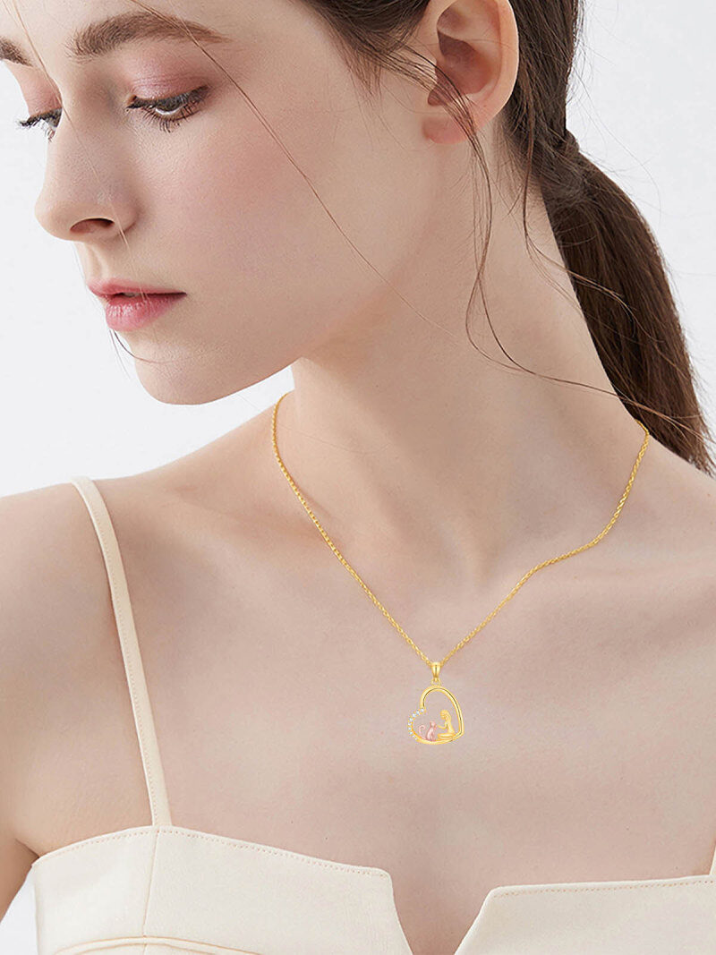 Collar con colgante de gato y corazón en oro de 14 quilates y oro rosa con circonitas cúbicas-2