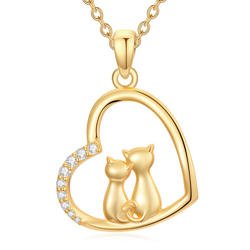 Collar con colgante de gato y corazón de oro de 14 quilates con circonia cúbica-1