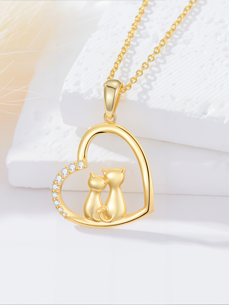 Collar con colgante de gato y corazón de oro de 14 quilates con circonia cúbica-3