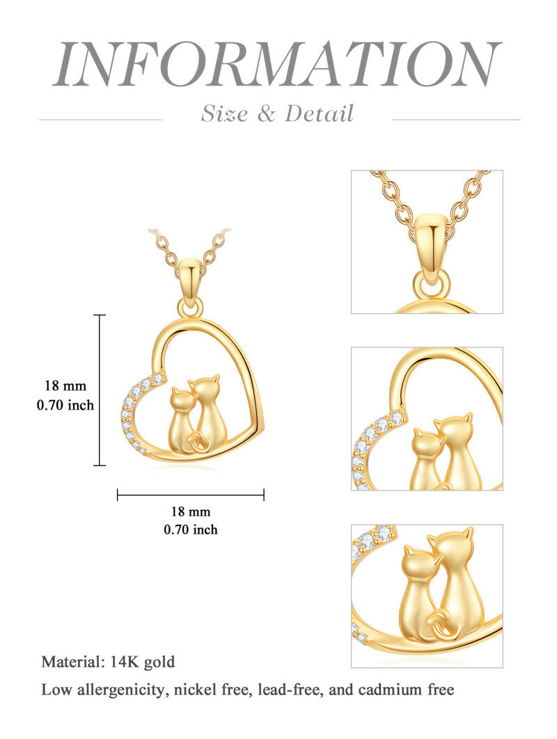 Collar con colgante de gato y corazón de oro de 14 quilates con circonia cúbica-5