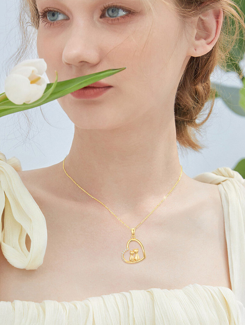 Collar con colgante de gato y corazón de oro de 14 quilates con circonia cúbica-2