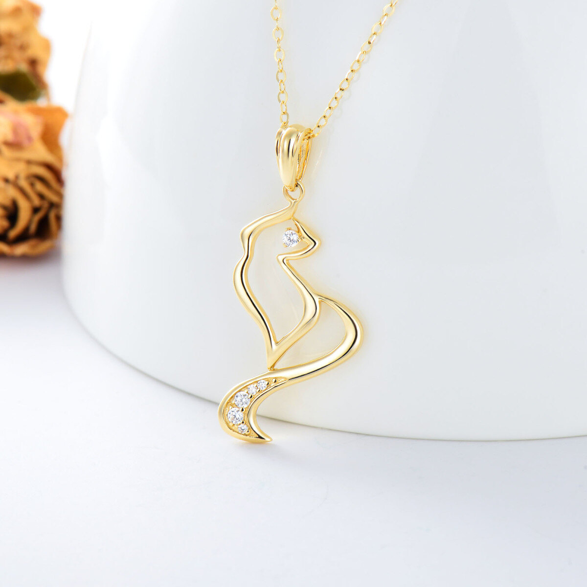 10K Gold Cubic Zirconia Cat Pendant Necklace-3