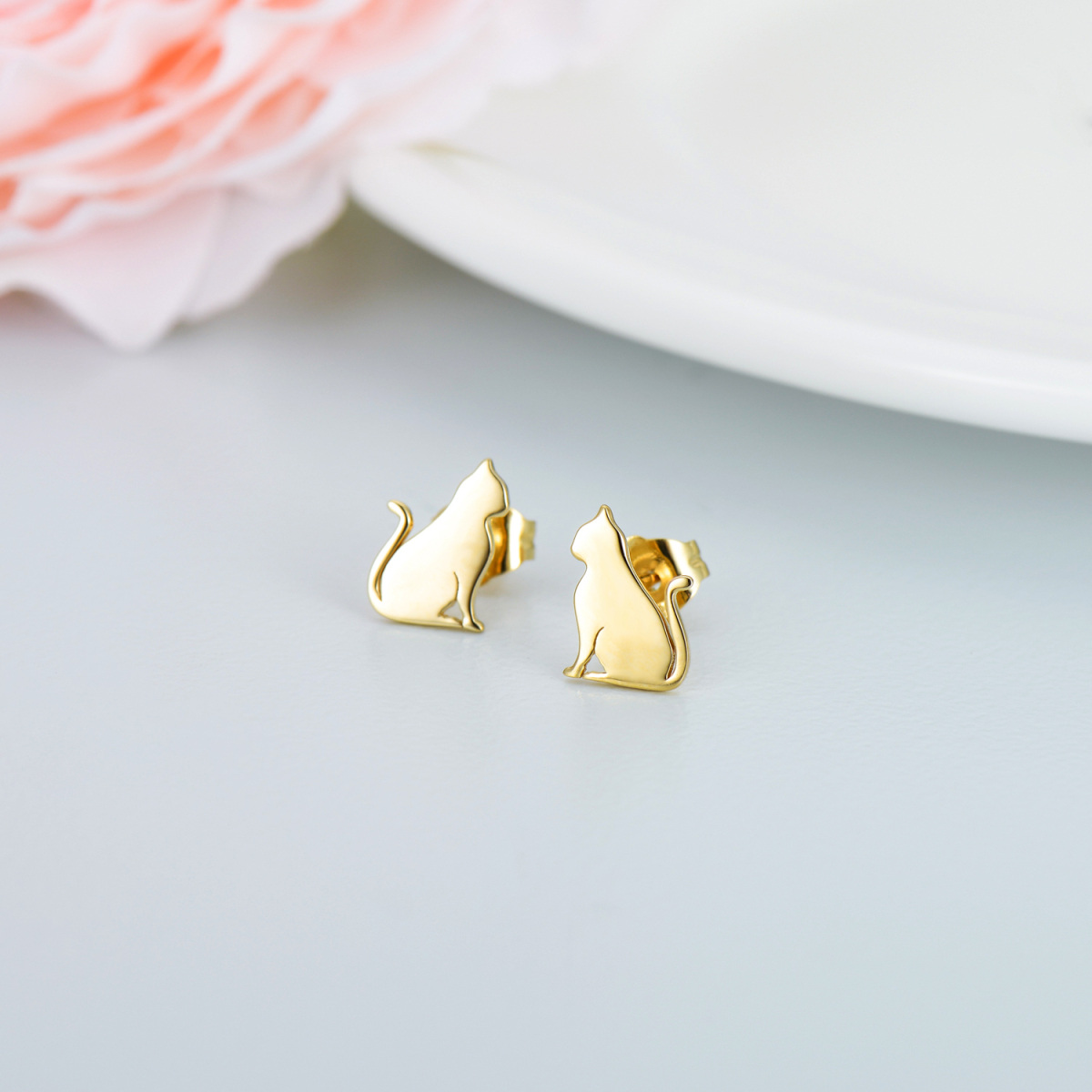 10K Gold Cat Stud Earrings-3