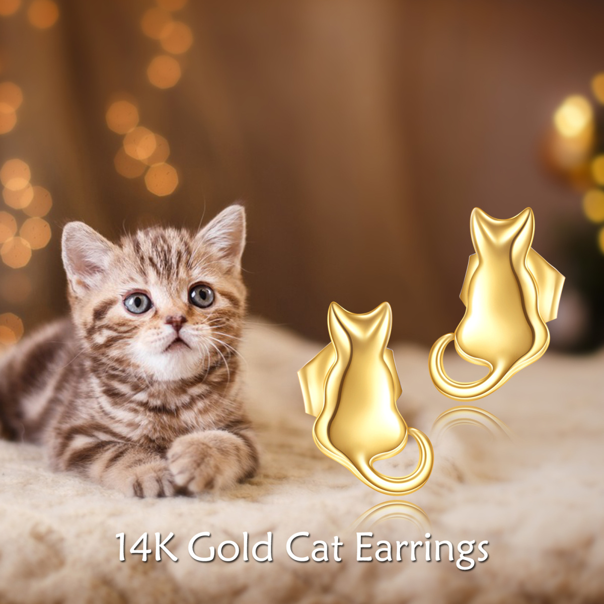 10K Gold Cat Stud Earrings-6