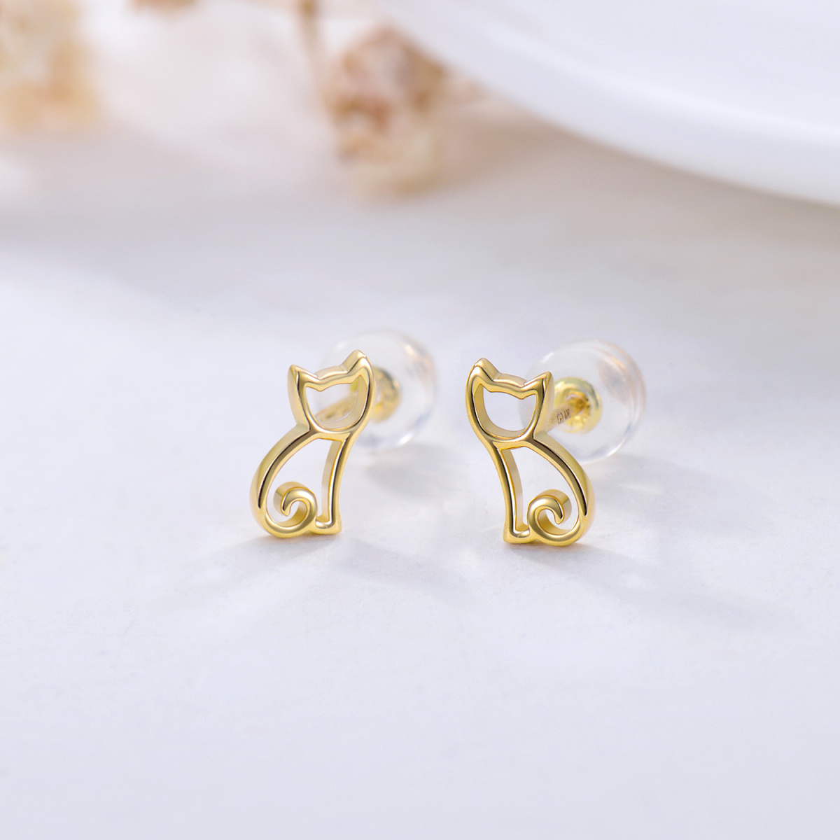 10K Gold Cat Stud Earrings-4