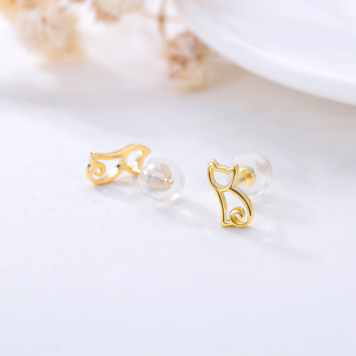 10K Gold Cat Stud Earrings-5