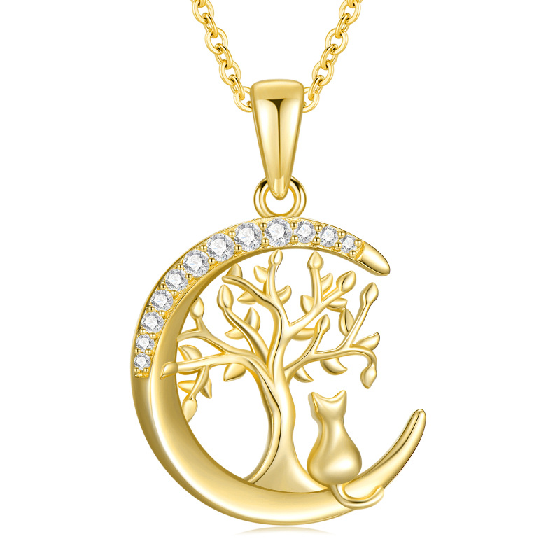 10K Gold Cubic Zirconia Cat & Tree Of Life & Moon Pendant Necklace-9