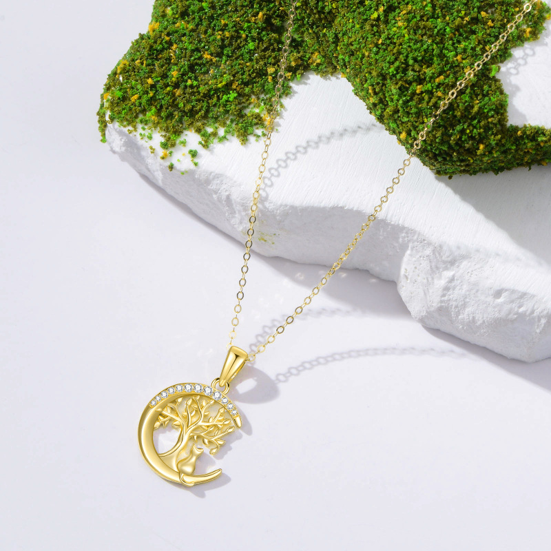 10K White Gold Cubic Zirconia Cat & Tree Of Life & Moon Pendant Necklace-4