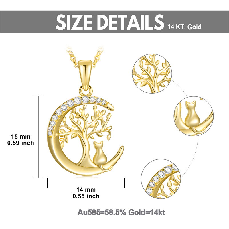 10K White Gold Cubic Zirconia Cat & Tree Of Life & Moon Pendant Necklace-5