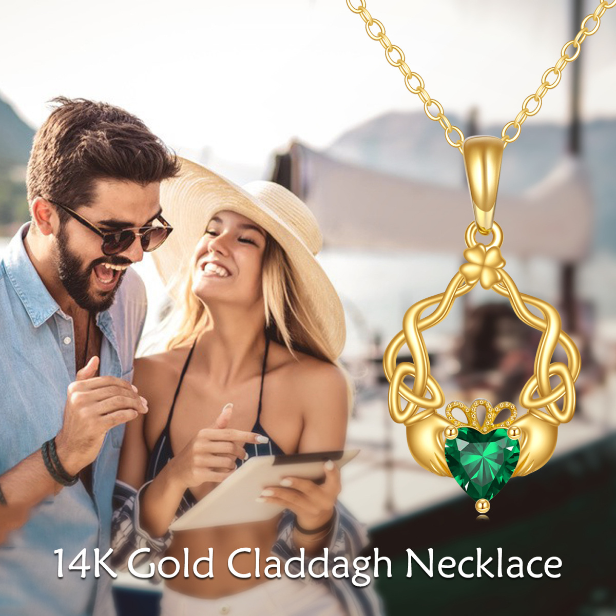 14 Karat Gold - Halskette mit Claddagh-Anhänger und keltischem Knoten-5