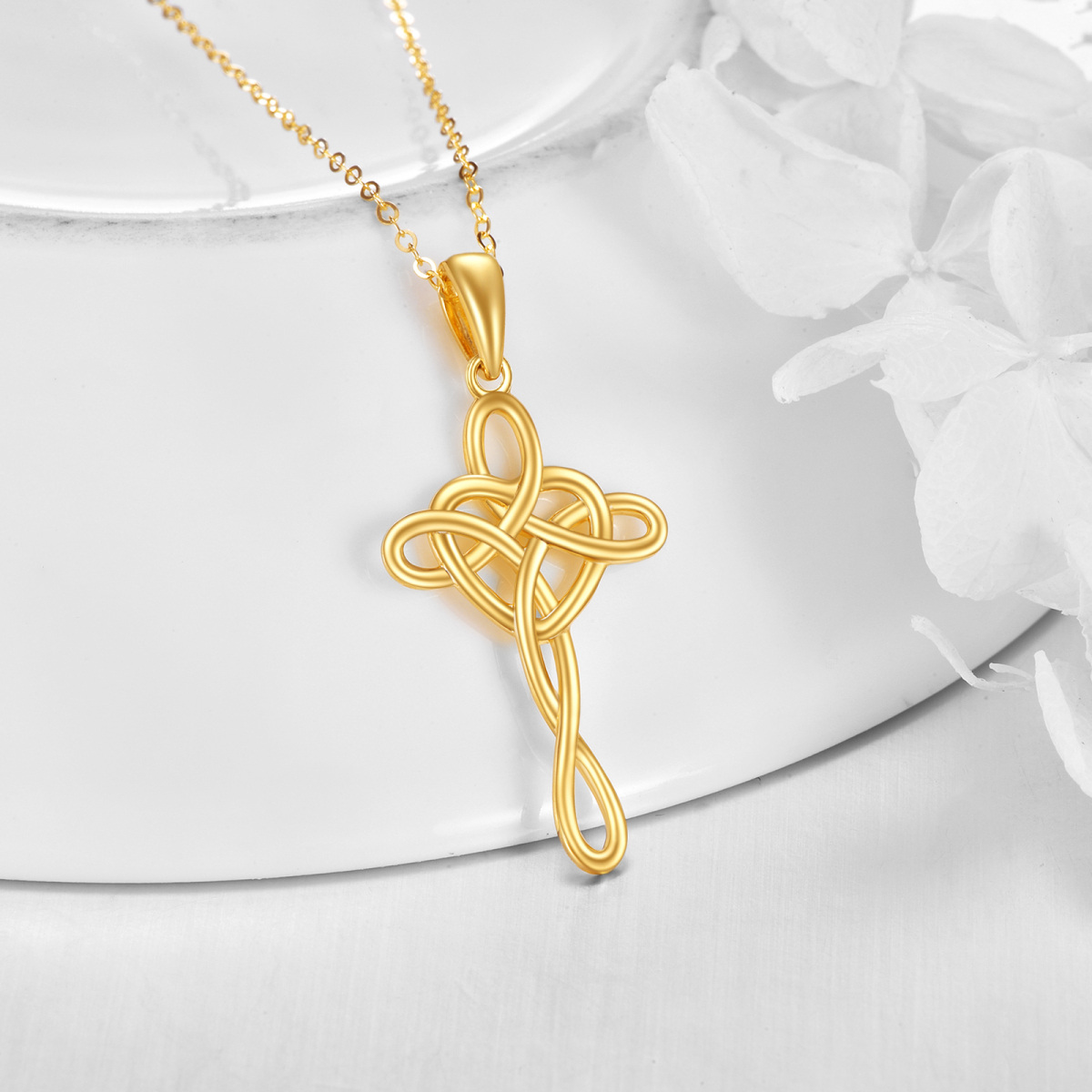 14K Gold Keltischer Knoten & Kreuz Knoten & Herz Anhänger Halskette-3