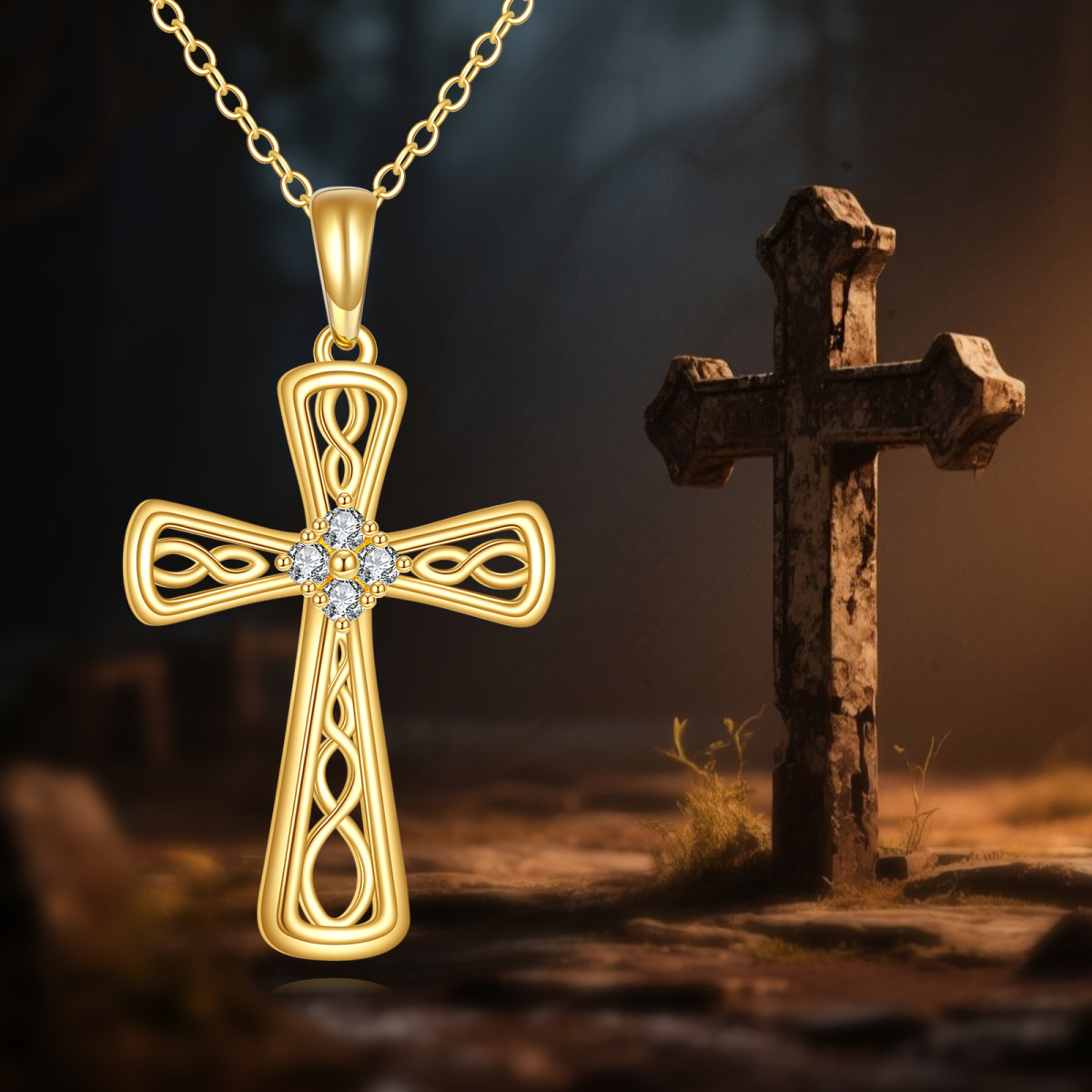 14K Gold Cubic Zirconia Celtic Knot & Cross Pendant Necklace-5