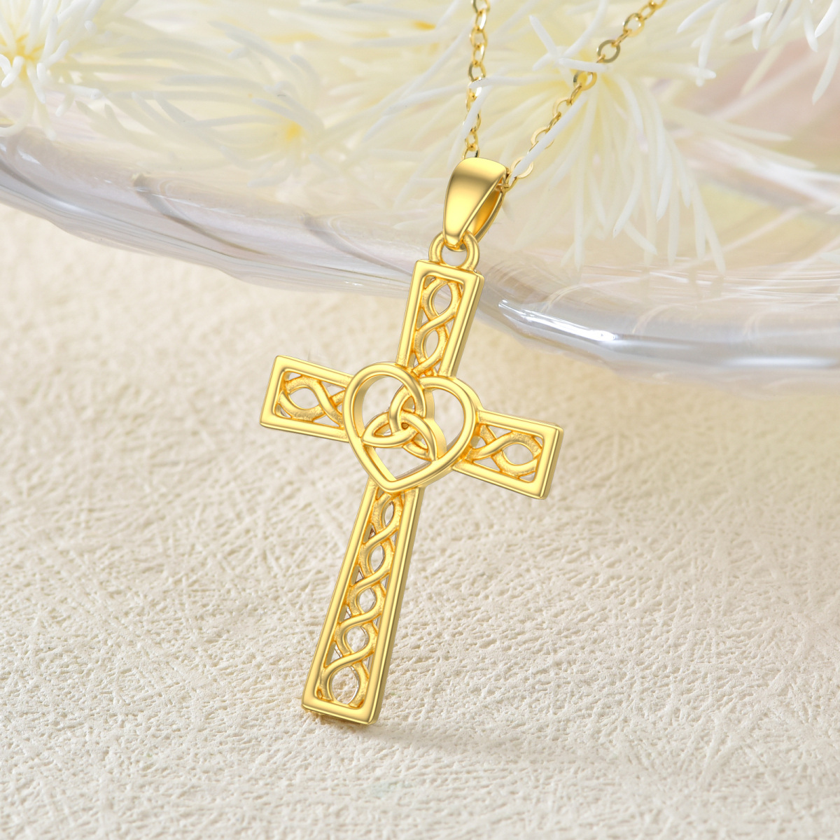 Collier pendentif nœud celtique et croix en or 14K-4