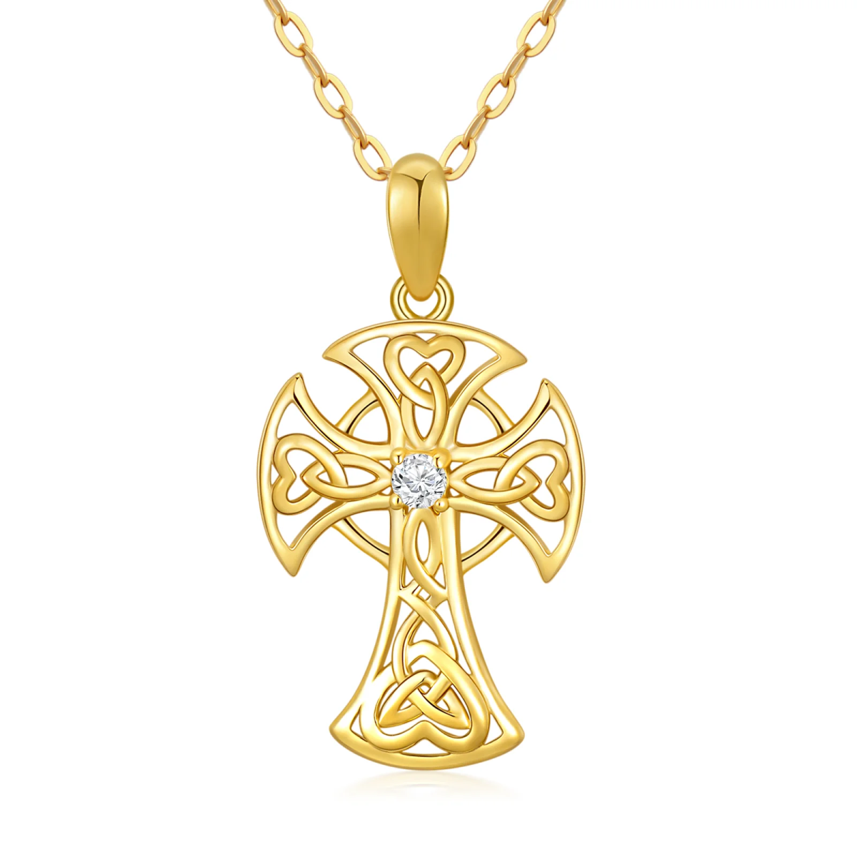 Collier pendentif nœud celtique et croix en or 14K à zircon cubique-1