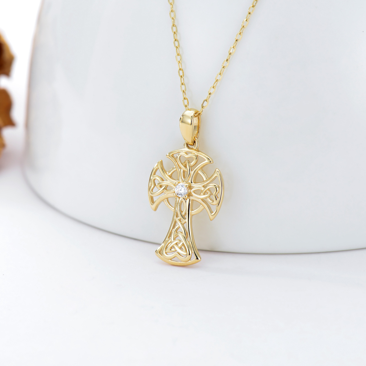 14K Gold Cubic Zirkonia Keltischer Knoten & Kreuz Anhänger Halskette-3