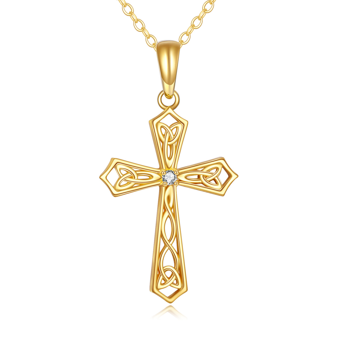 10K Gold Cubic Zirconia Celtic Knot & Cross Pendant Necklace-1