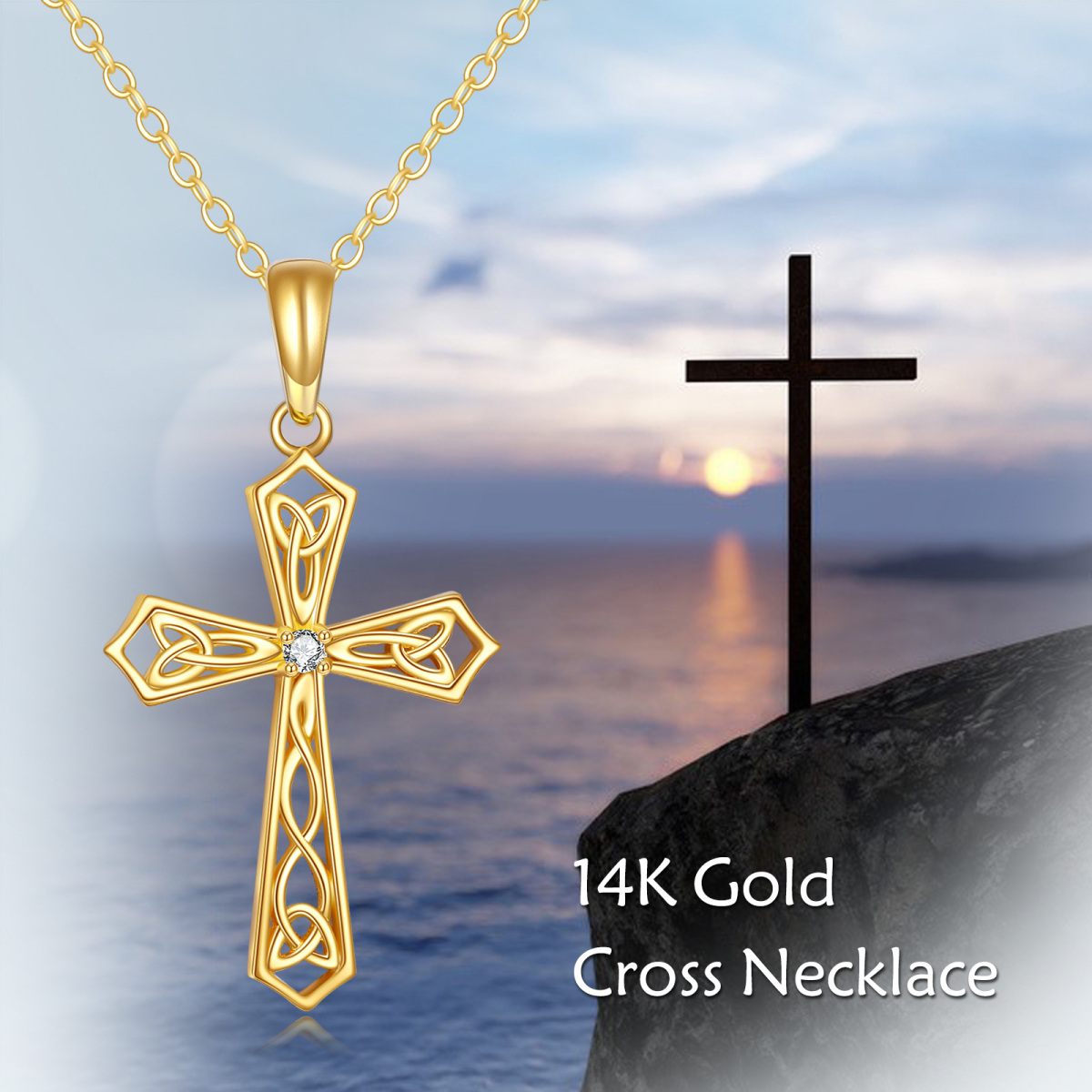 14K Gold Cubic Zirkonia Keltischer Knoten & Kreuz Anhänger Halskette-3