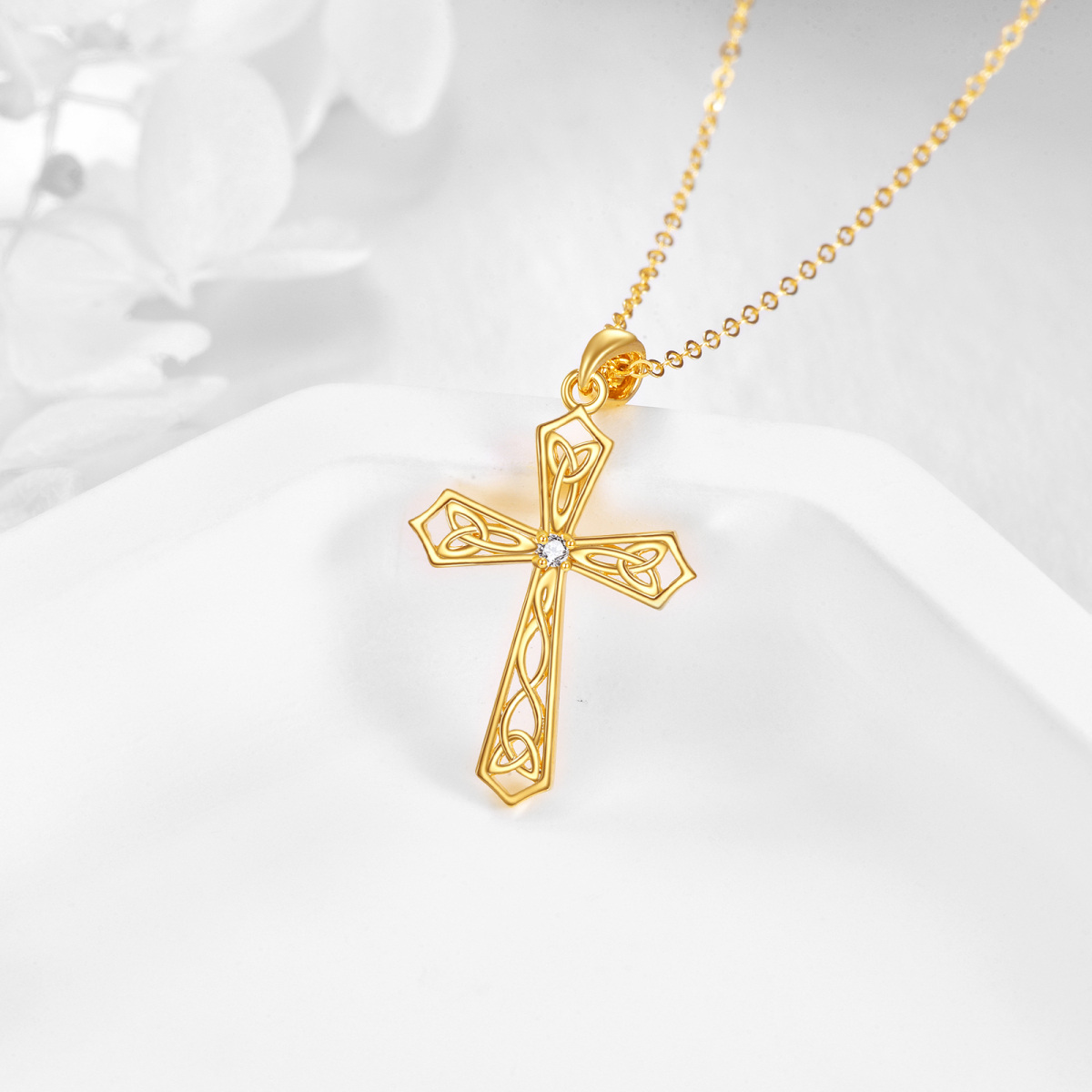 14K Gold Cubic Zirkonia Keltischer Knoten & Kreuz Anhänger Halskette-4