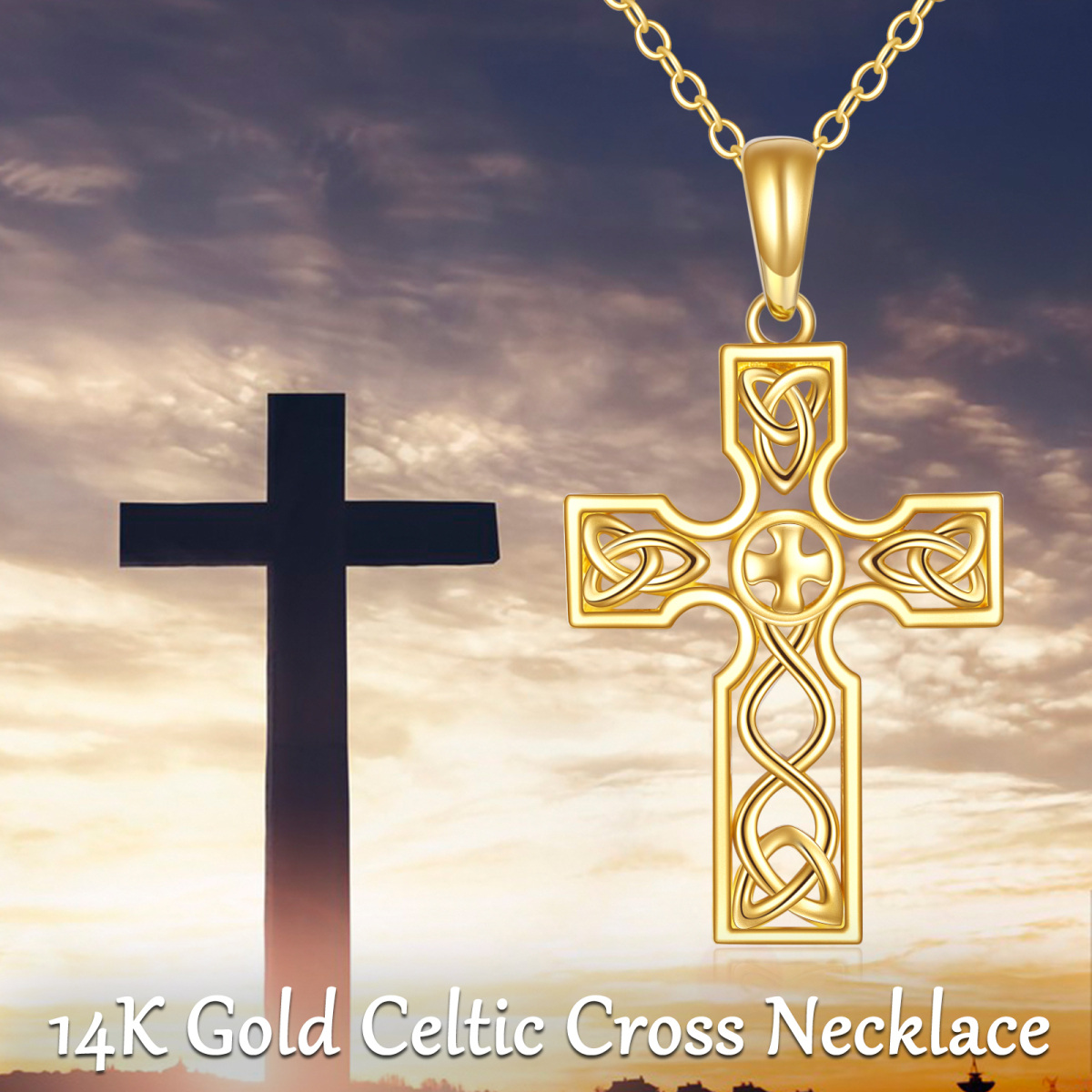 14K Gold Celtic Knot & Cross Pendant Necklace-6