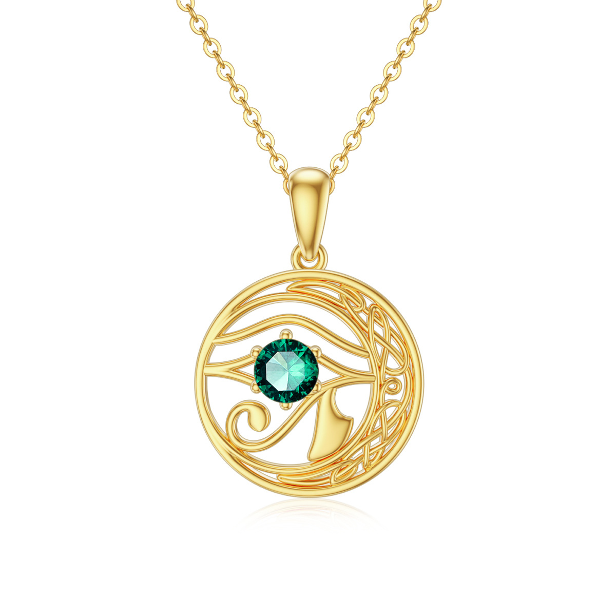 10K Gold Cubic Zirconia Celtic Knot & Eye Of Horus & Moon Pendant Necklace-1