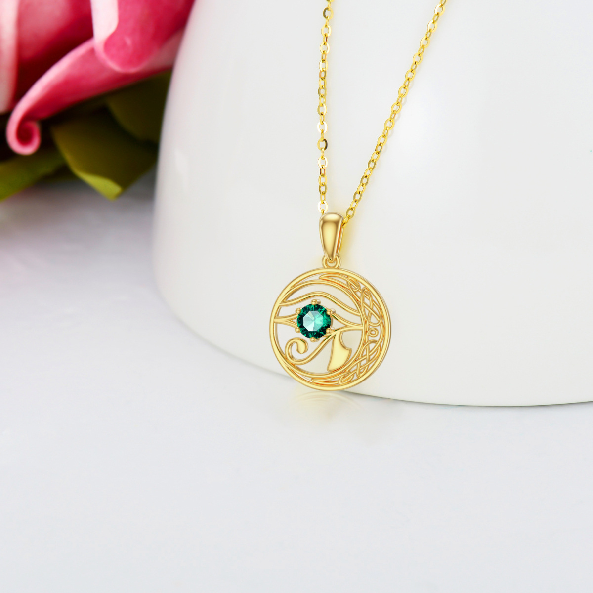 10K Gold Cubic Zirconia Celtic Knot & Eye Of Horus & Moon Pendant Necklace-4