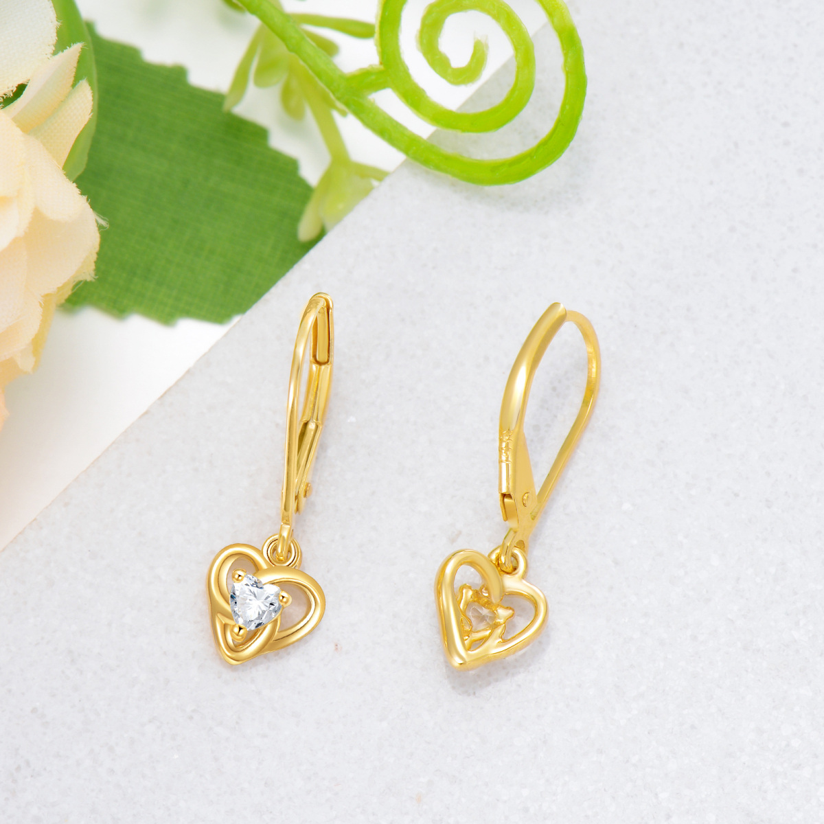 14K Gold Cubic Zirconia Celtic Knot & Heart Lever-back Earrings-4