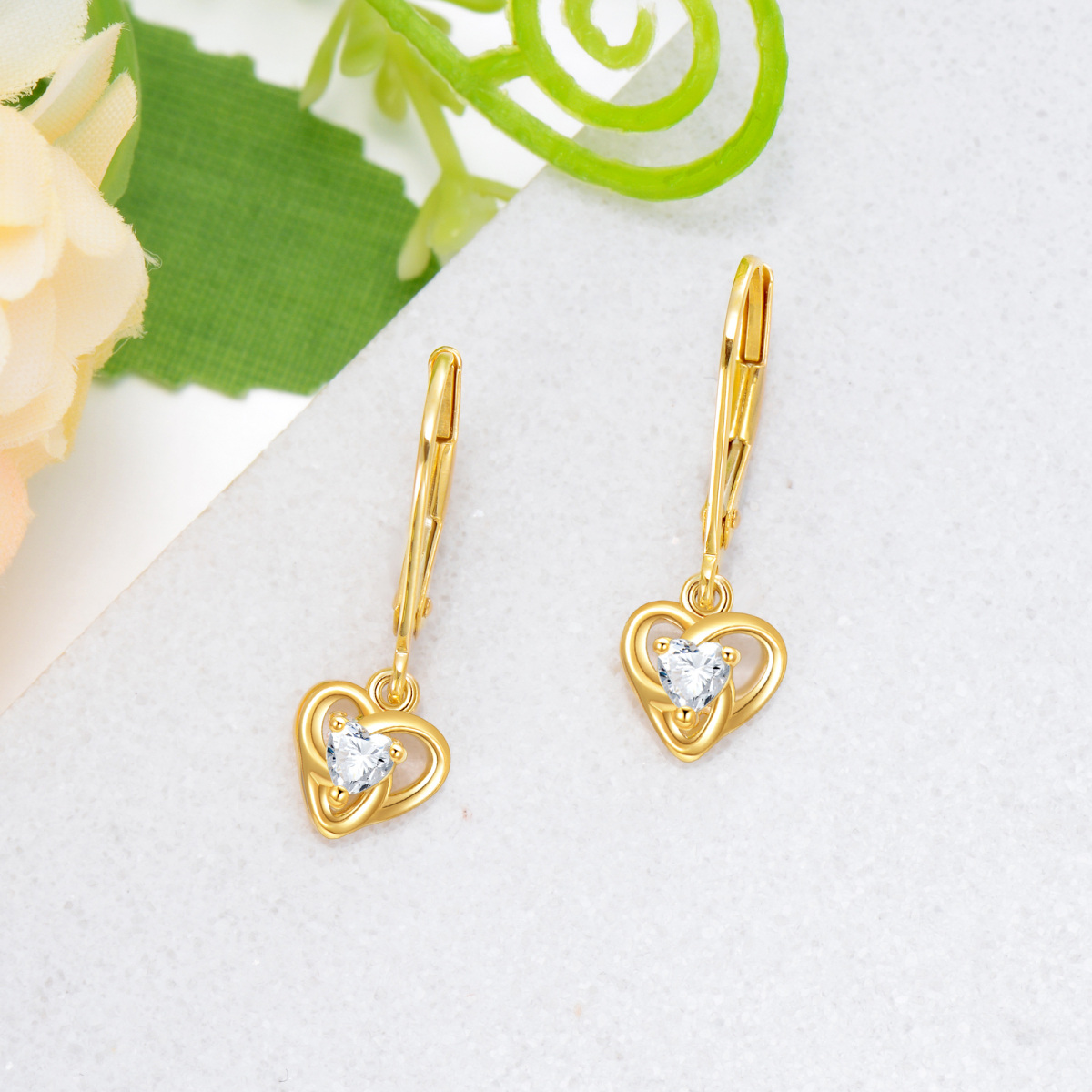 14K Gold Cubic Zirconia Celtic Knot & Heart Lever-back Earrings-5
