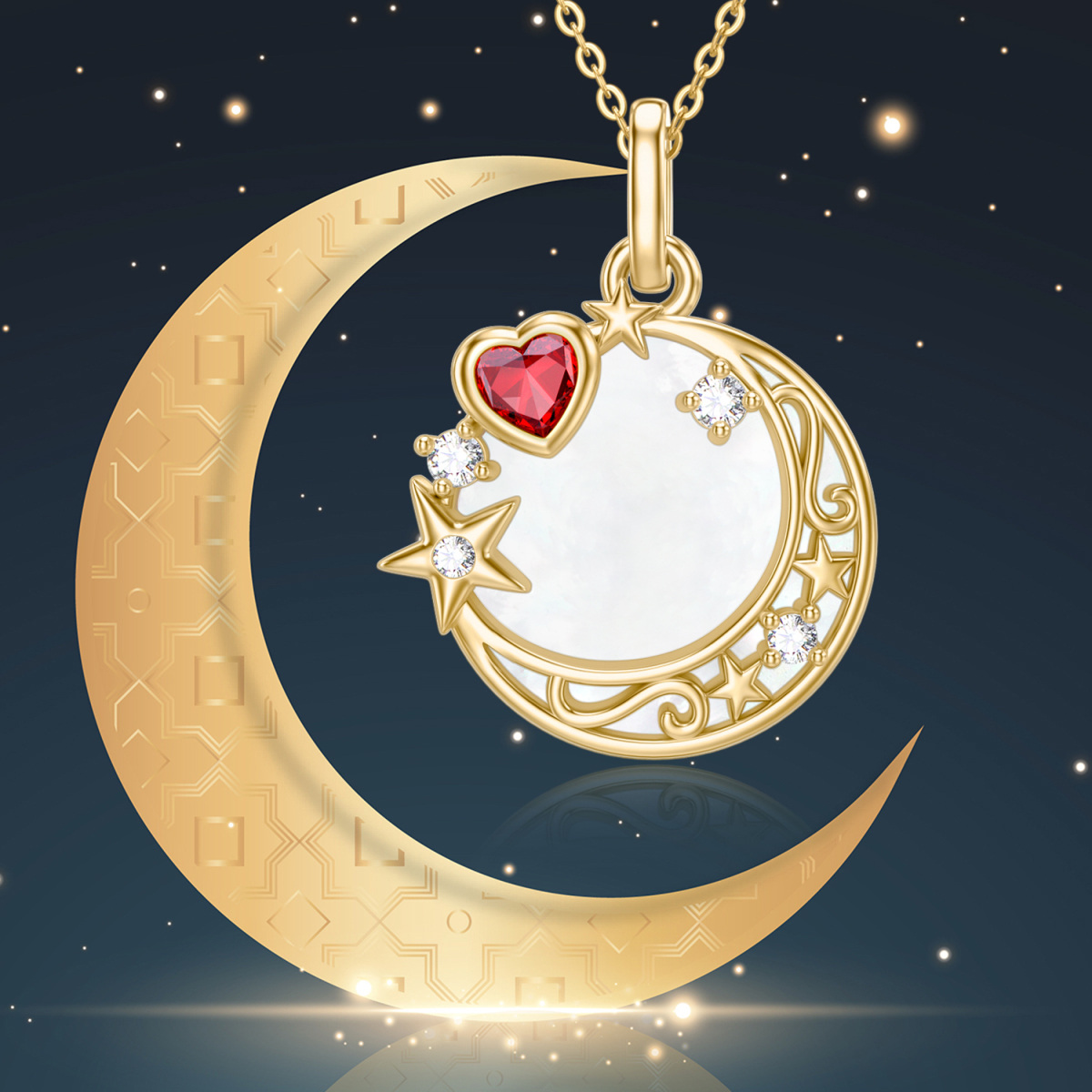 Collier pendentif nœud celtique et lune en or 14K à zircon cubique-3