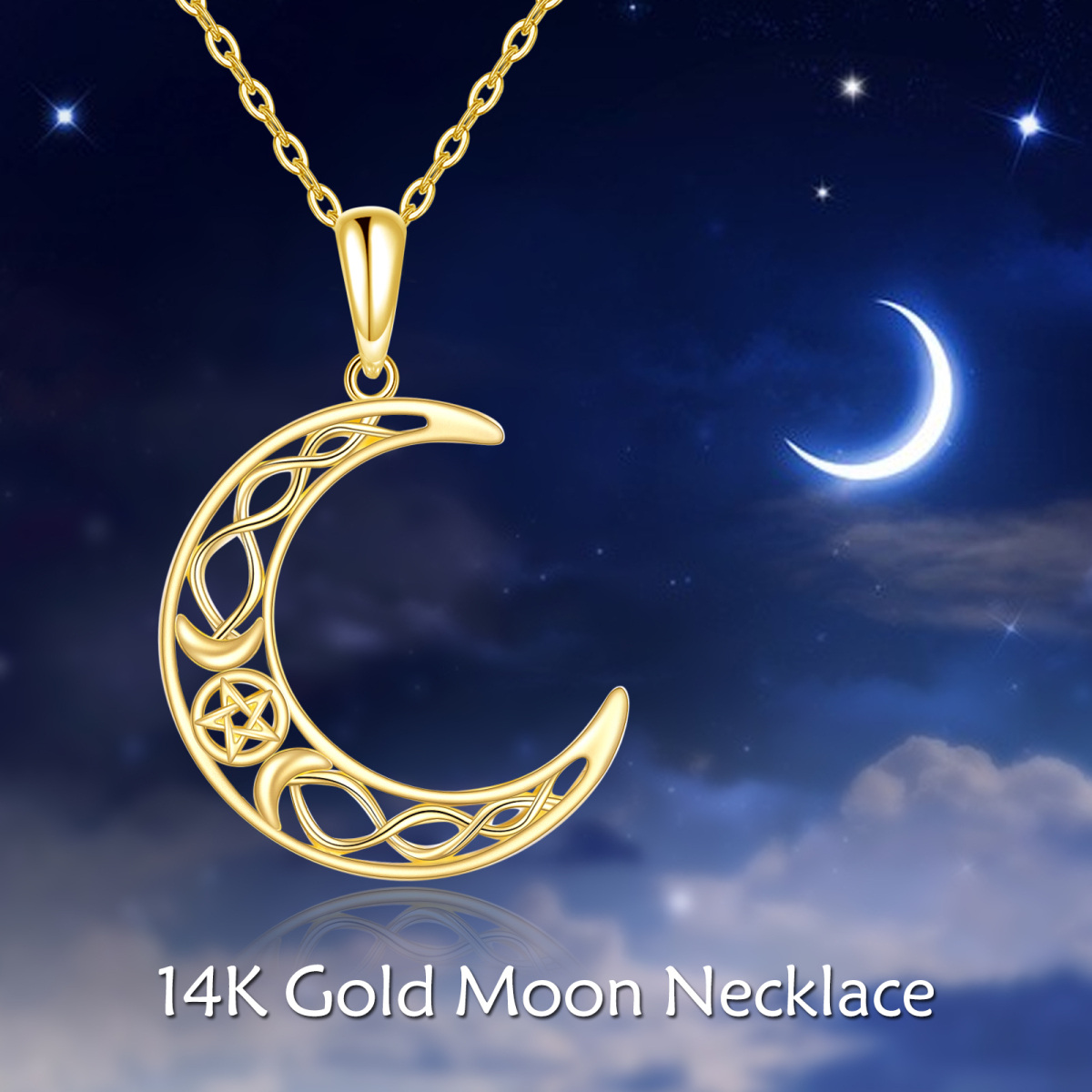 10K Gold Celtic Knot Moon & Pentagram Pendant Necklace-5