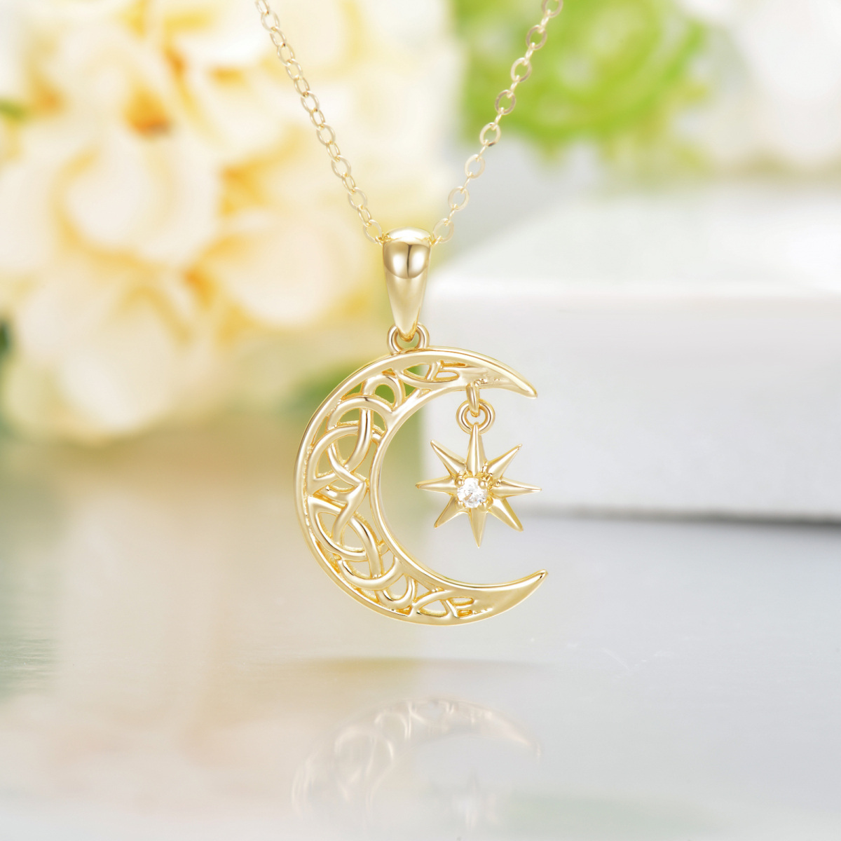Collares de oro de 14 quilates con circonita cúbica, nudo celta, luna y estrella-3