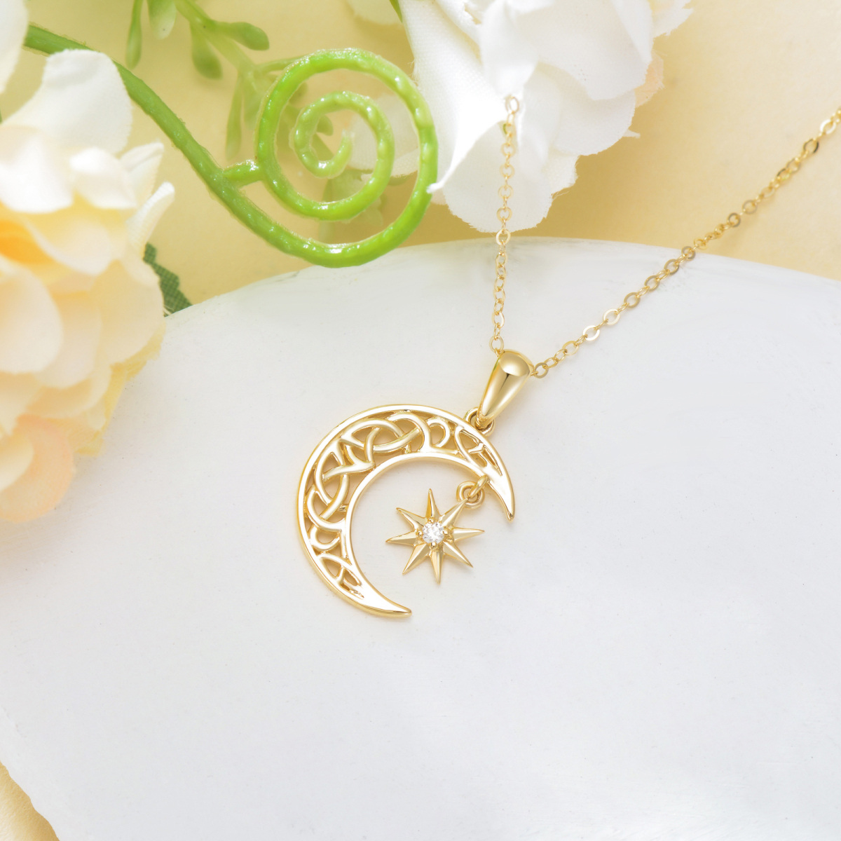 Collares de oro de 14 quilates con circonita cúbica, nudo celta, luna y estrella-4