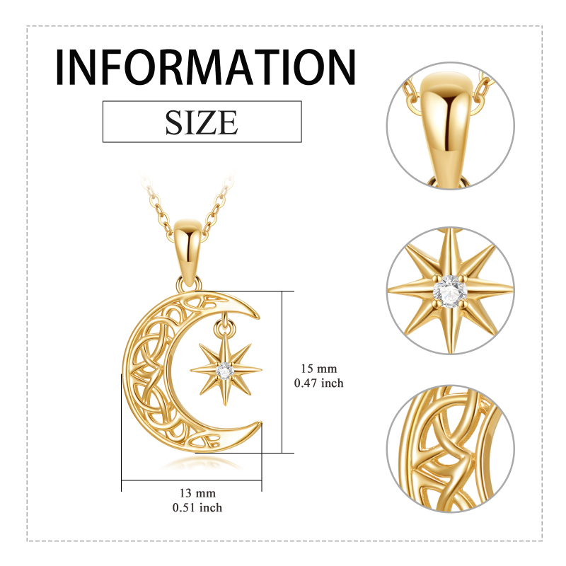 Collar con colgante de nudo celta, luna y estrella en oro blanco de 10 quilates con circonitas cúbicas-5