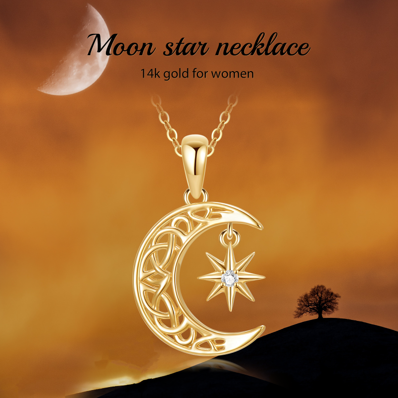 Collar con colgante de nudo celta, luna y estrella en oro blanco de 10 quilates con circonitas cúbicas-6