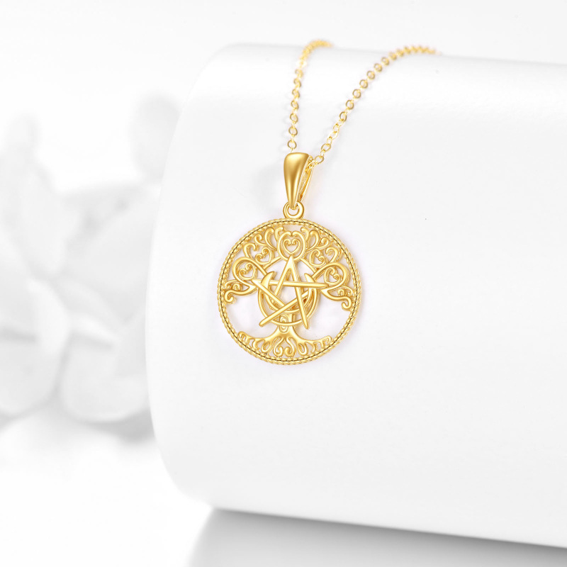 Collar de oro de 14 quilates con nudo espiral celta, corazón y pentagrama para mujer-3