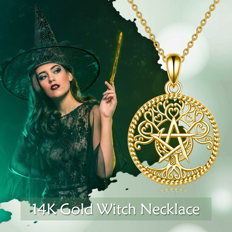 Collar de oro de 14 quilates con nudo espiral celta, corazón y pentagrama para mujer-6