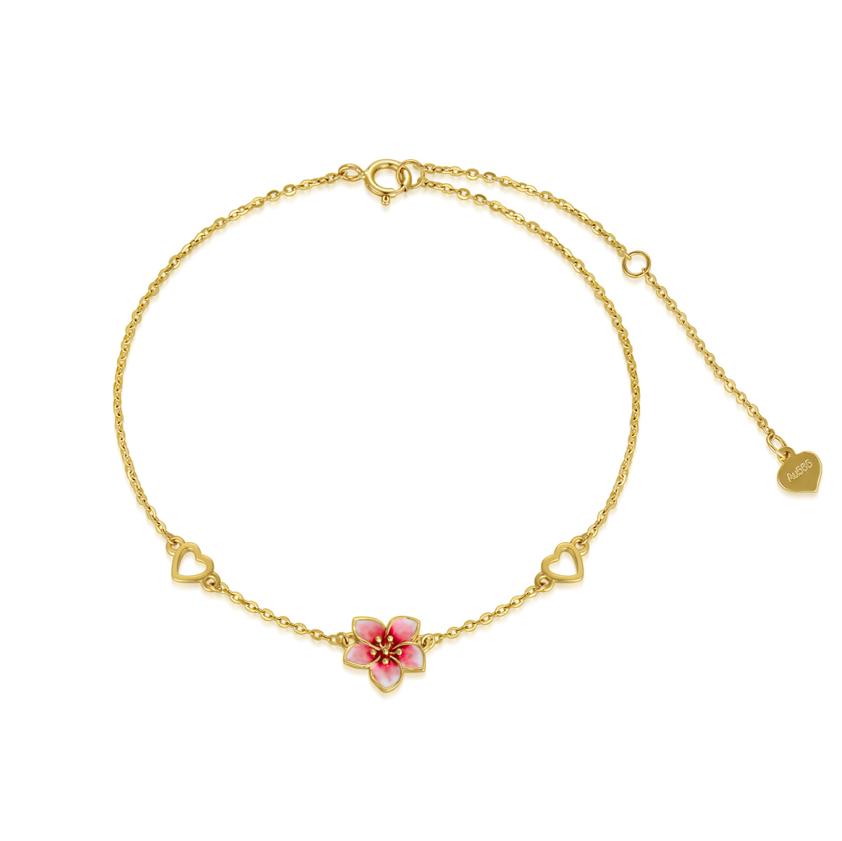 Pulsera con dije de corazón de flor de cerezo en oro de 14 quilates-1