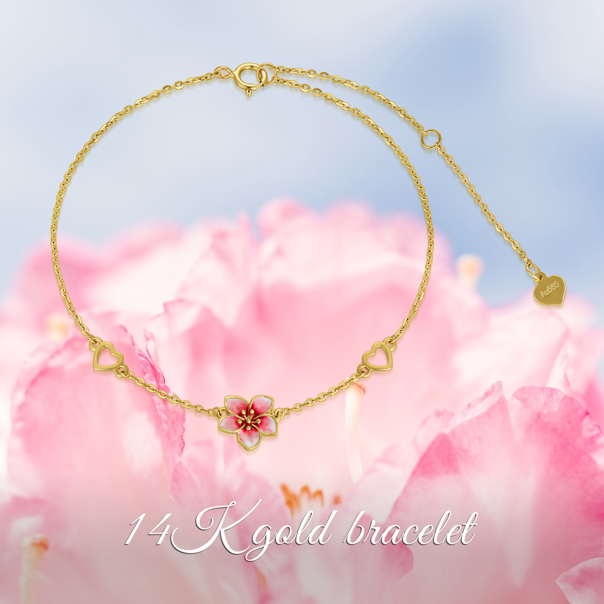 Pulsera con dije de corazón de flor de cerezo en oro de 14 quilates-6