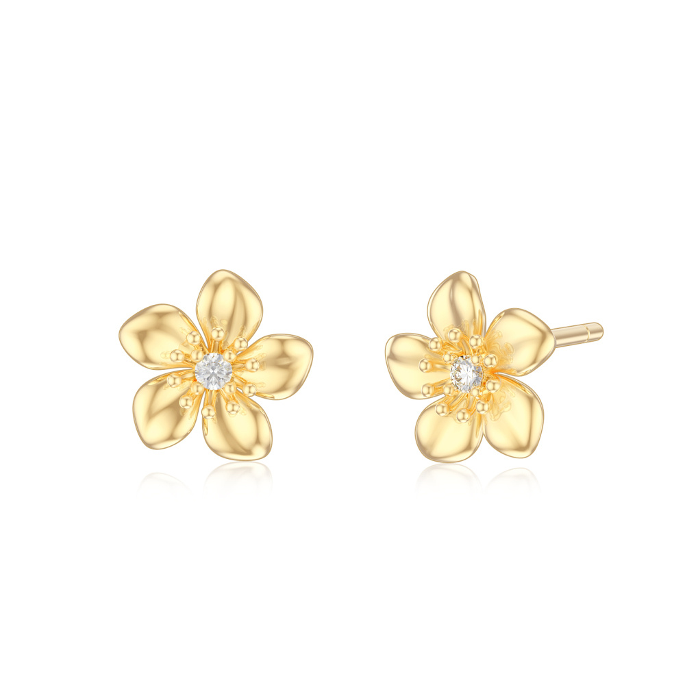 Brincos de pino de flor de cerejeira com zircônia cúbica de ouro 10K-1