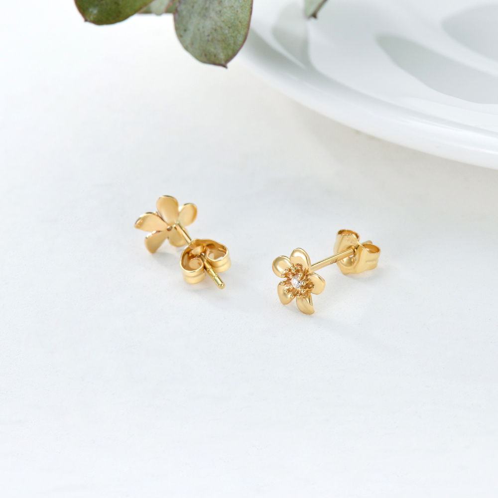 Brincos de pino de flor de cerejeira com zircônia cúbica de ouro 10K-4
