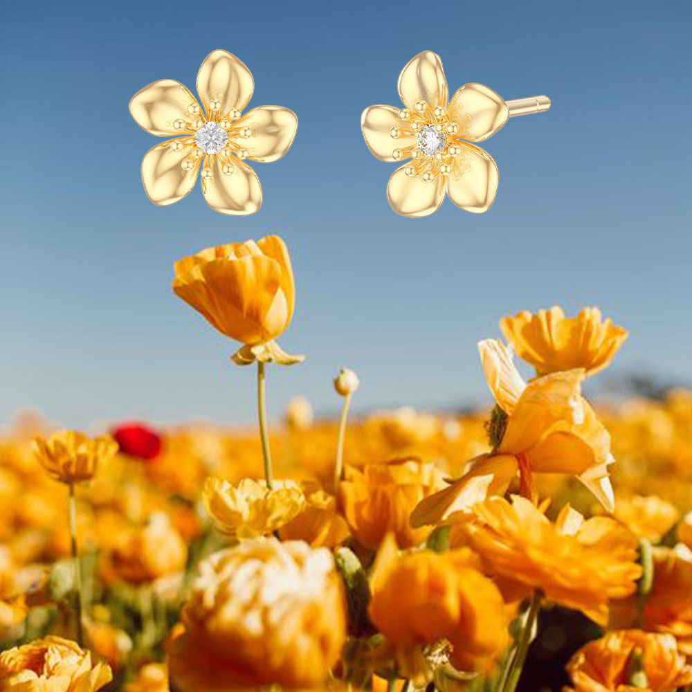 Brincos de pino de flor de cerejeira com zircônia cúbica de ouro 10K-6