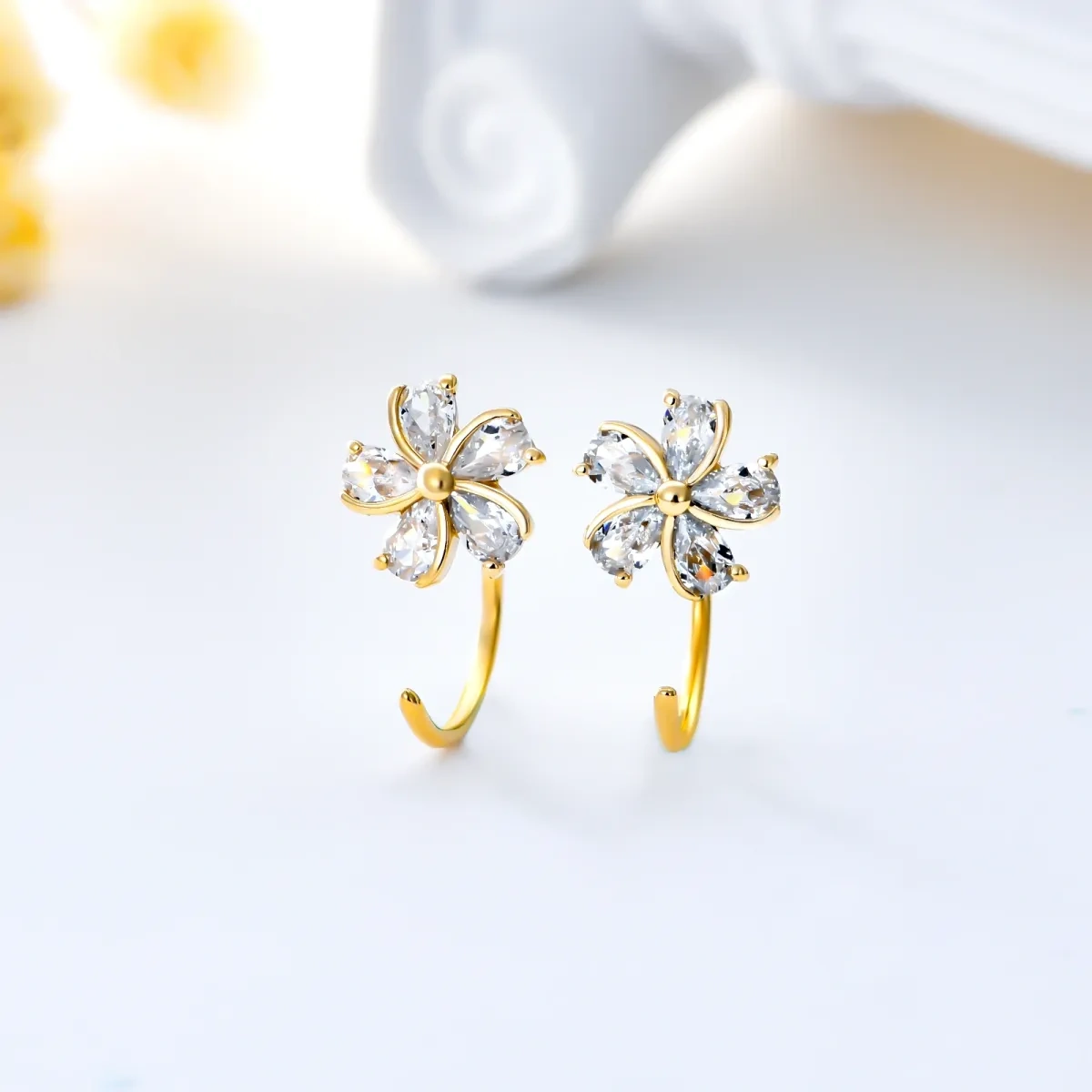 10K Gold Cubic Zirconia Cherry Blossom Stud Earrings-3