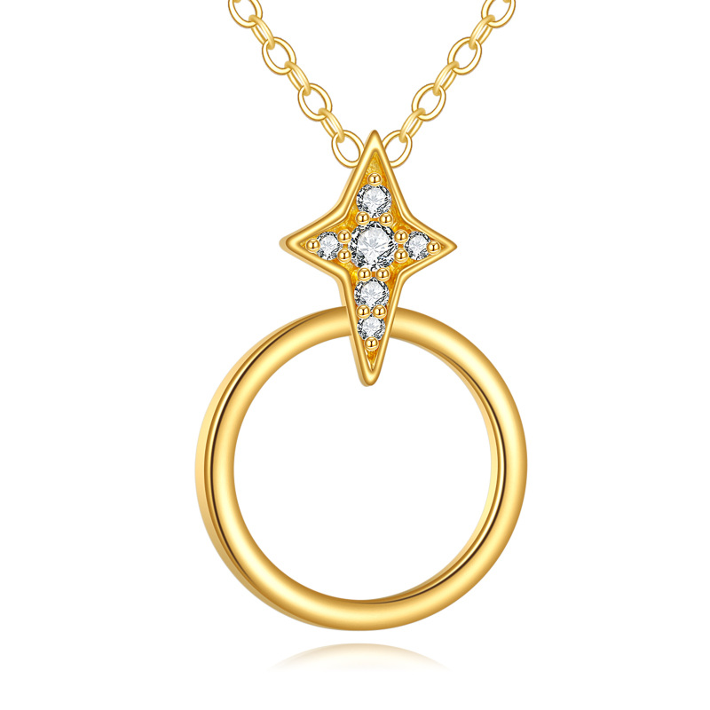 10K Gold Cubic Zirconia Circle & Star Pendant Necklace-13