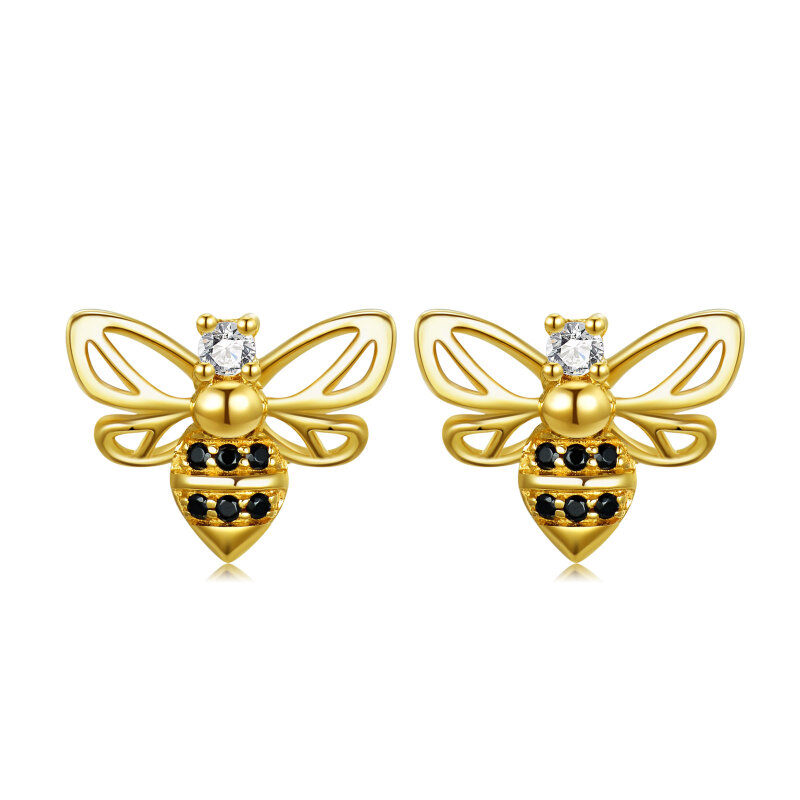 14K Gold Circular Cubic Zirconia Bee Stud Earrings-1