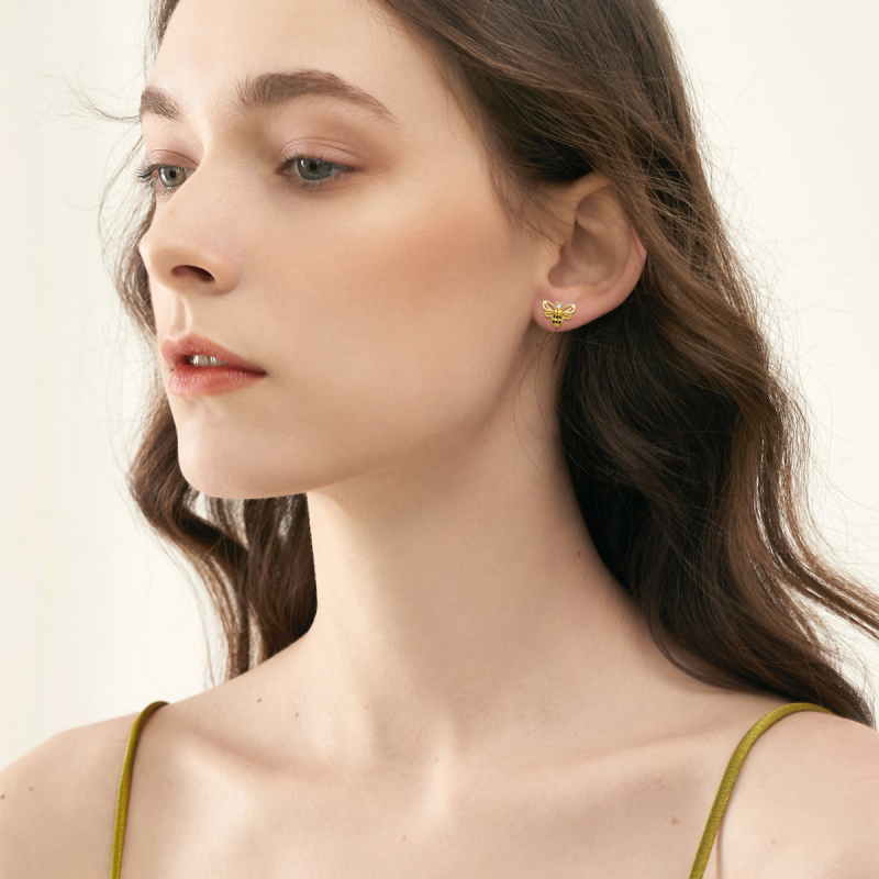 10K Gold Circular Cubic Zirconia Bee Stud Earrings-2