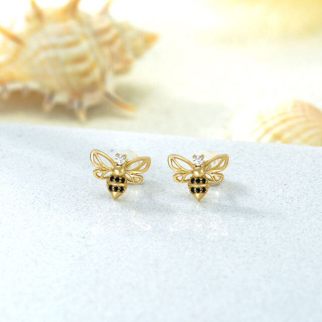 14K Gold Circular Cubic Zirconia Bee Stud Earrings-3