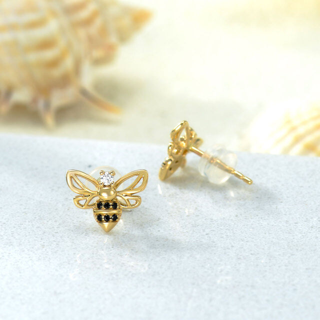 14K Gold Circular Cubic Zirconia Bee Stud Earrings-4