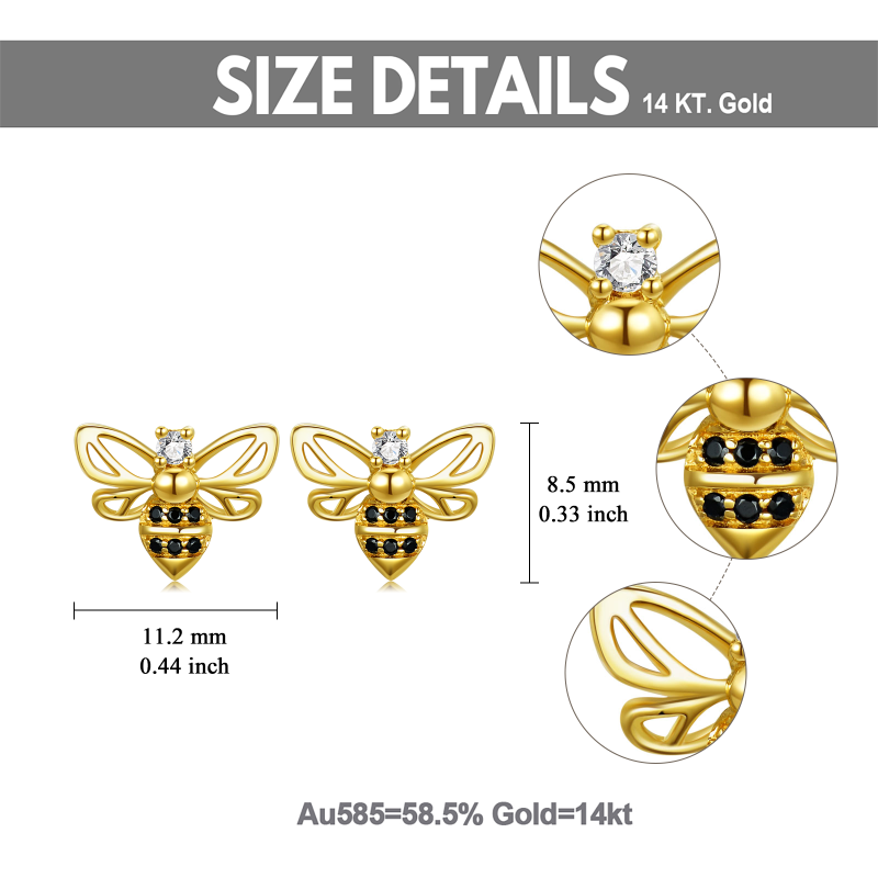 10K Gold Circular Cubic Zirconia Bee Stud Earrings-5